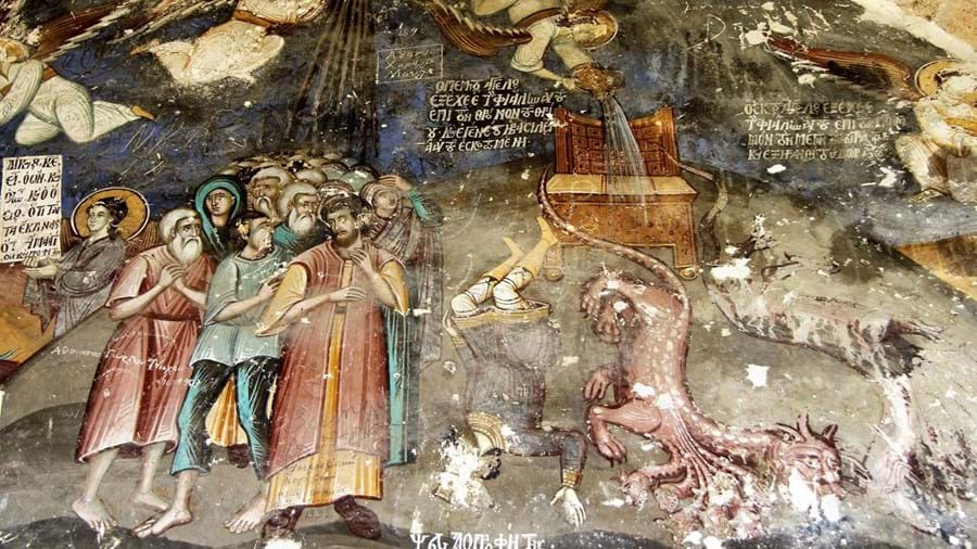 Albanië Fresco in kerkje van Voskopoje