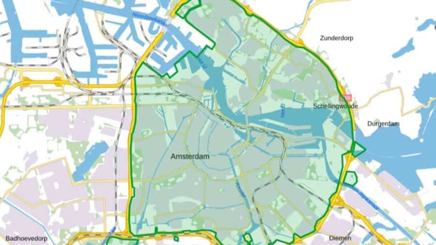 Kaart met gebied milieuzone Amsterdam