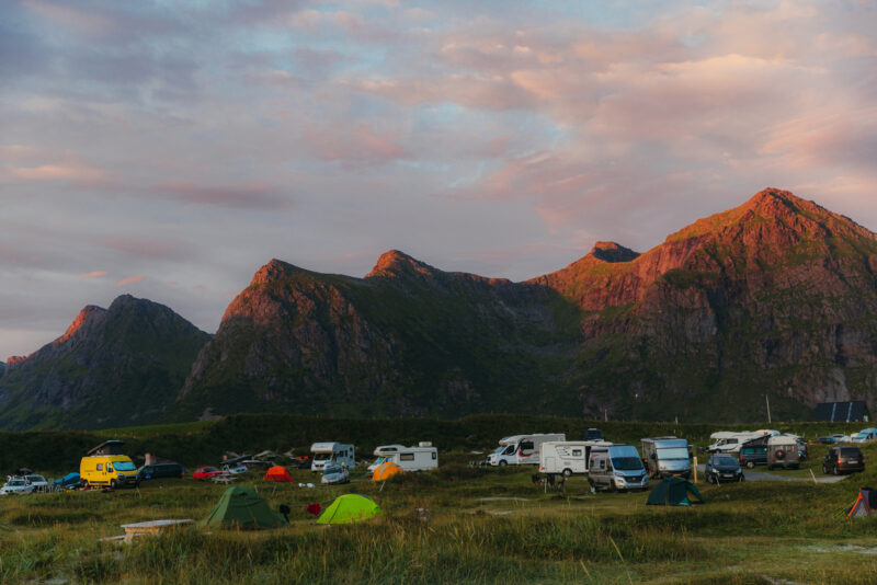 Midnight Sun at the scenic beach campsite on Lofoten Islands