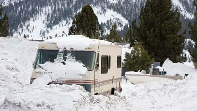 Half ingesneeuwde camper
