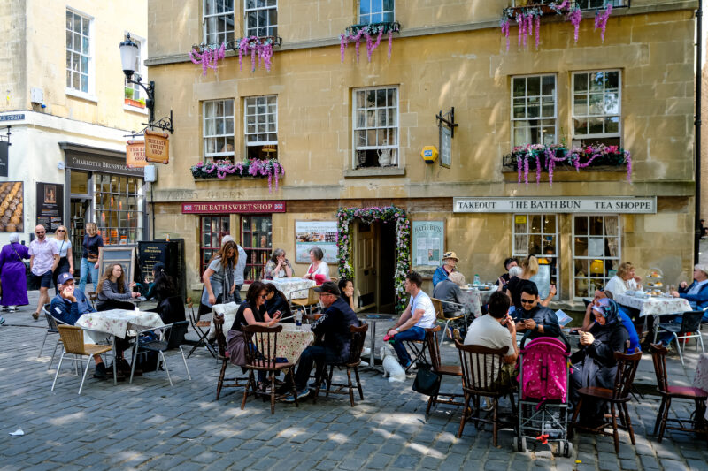 Abbey Gardens in Bath, UK. Popular touristic place with cafes, pubs, shops