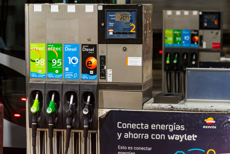 Repsol company’s dispensing apparatus with several nozzles, one of them the new renewable diesel called Diesel 10+, HVO.