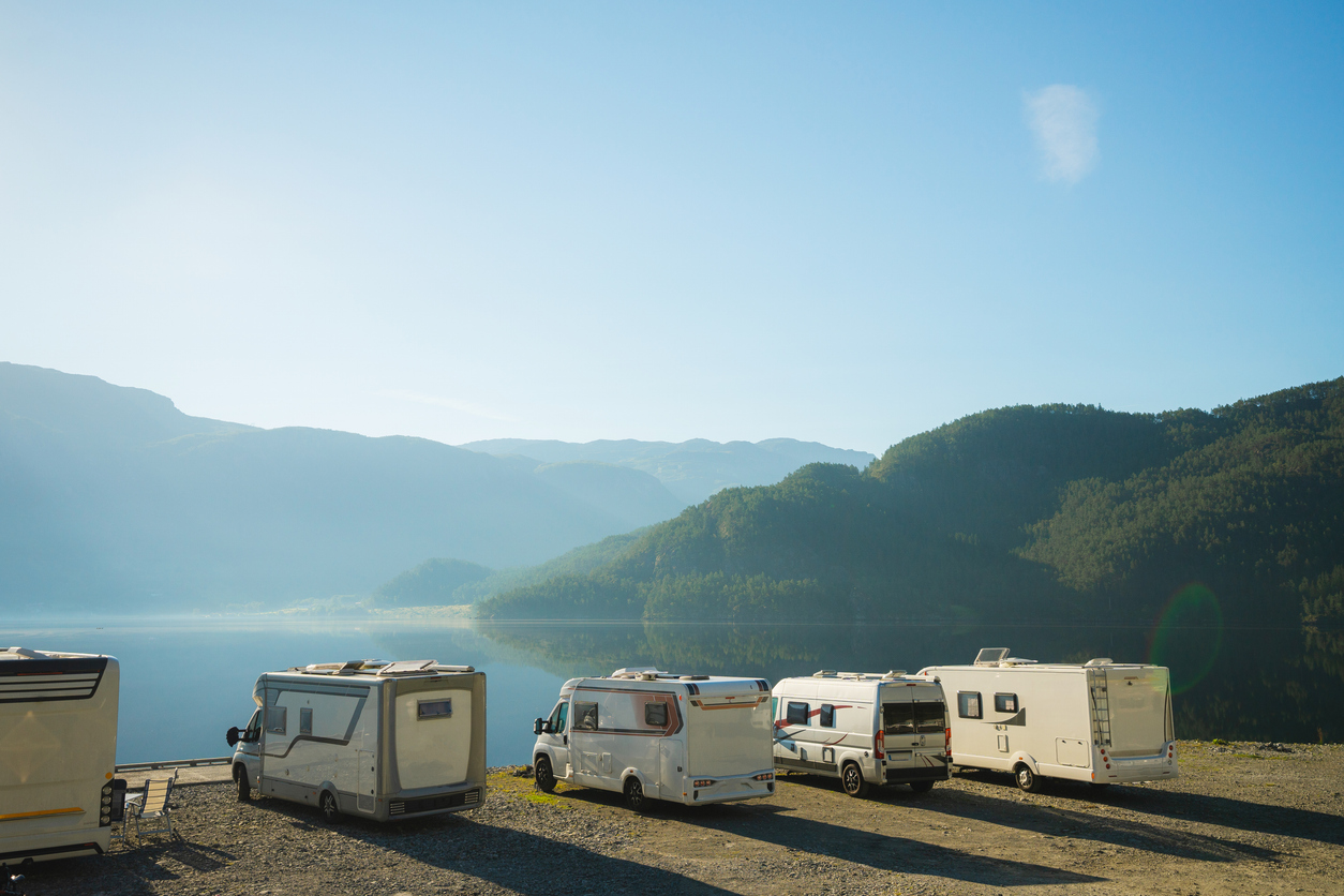 Camping with camper vans near the lake in Norway