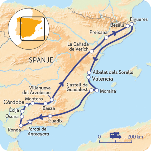 Routekaartje Drie grote Spaanse steden aan oostkust